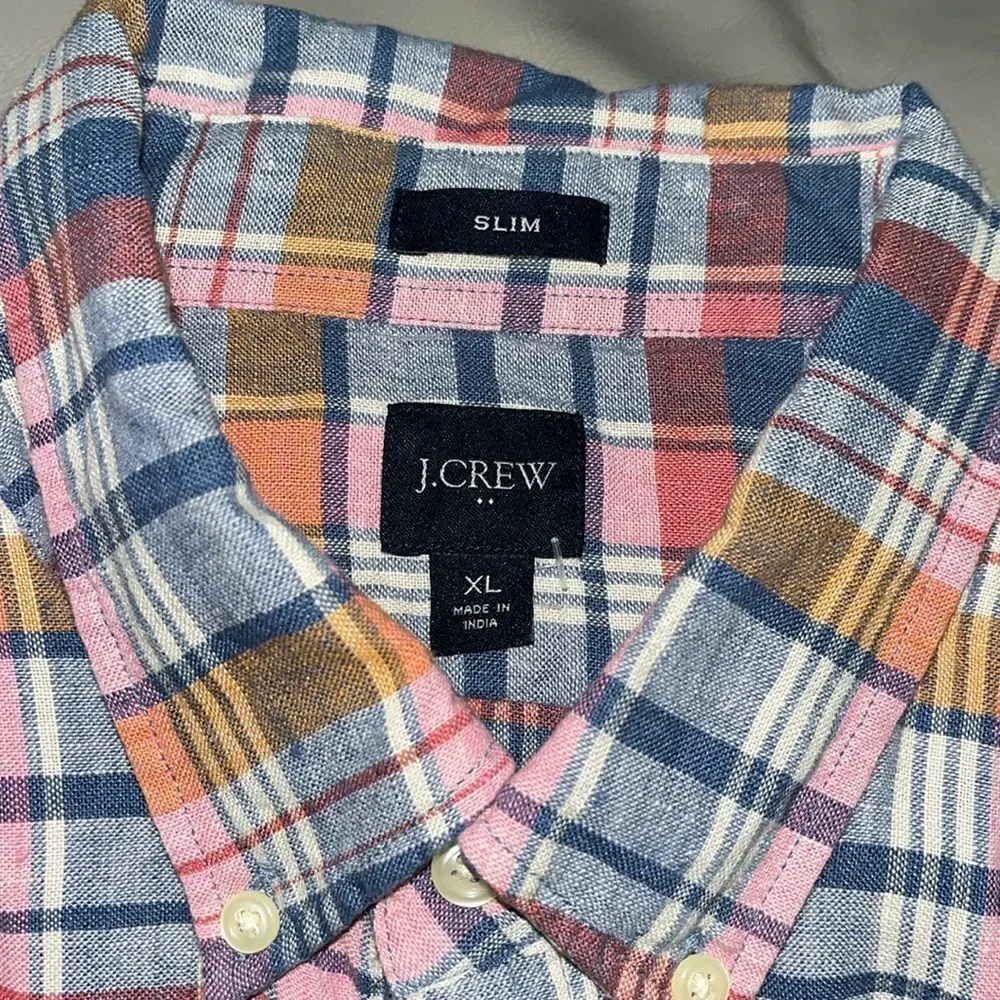 Pink & Blue Plaid Check Linen Blend J Crew SS shirt XL Slim mens summer casual